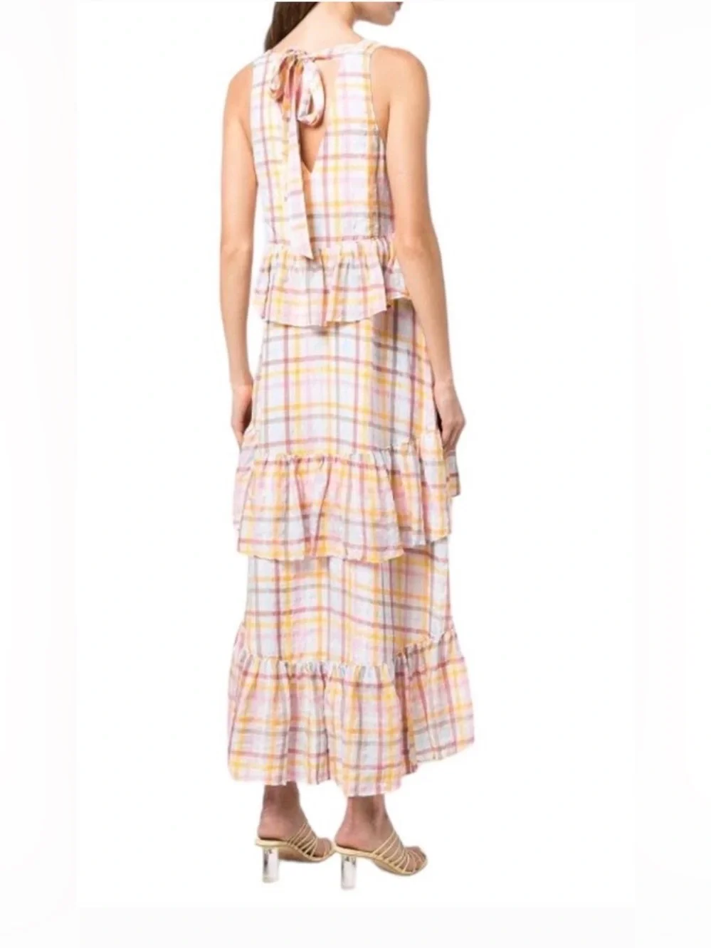 cinq a sept Pastel Plaid Tiered V-Neck Maxi Dress in Yellow and Pink - Picture 2 of 11